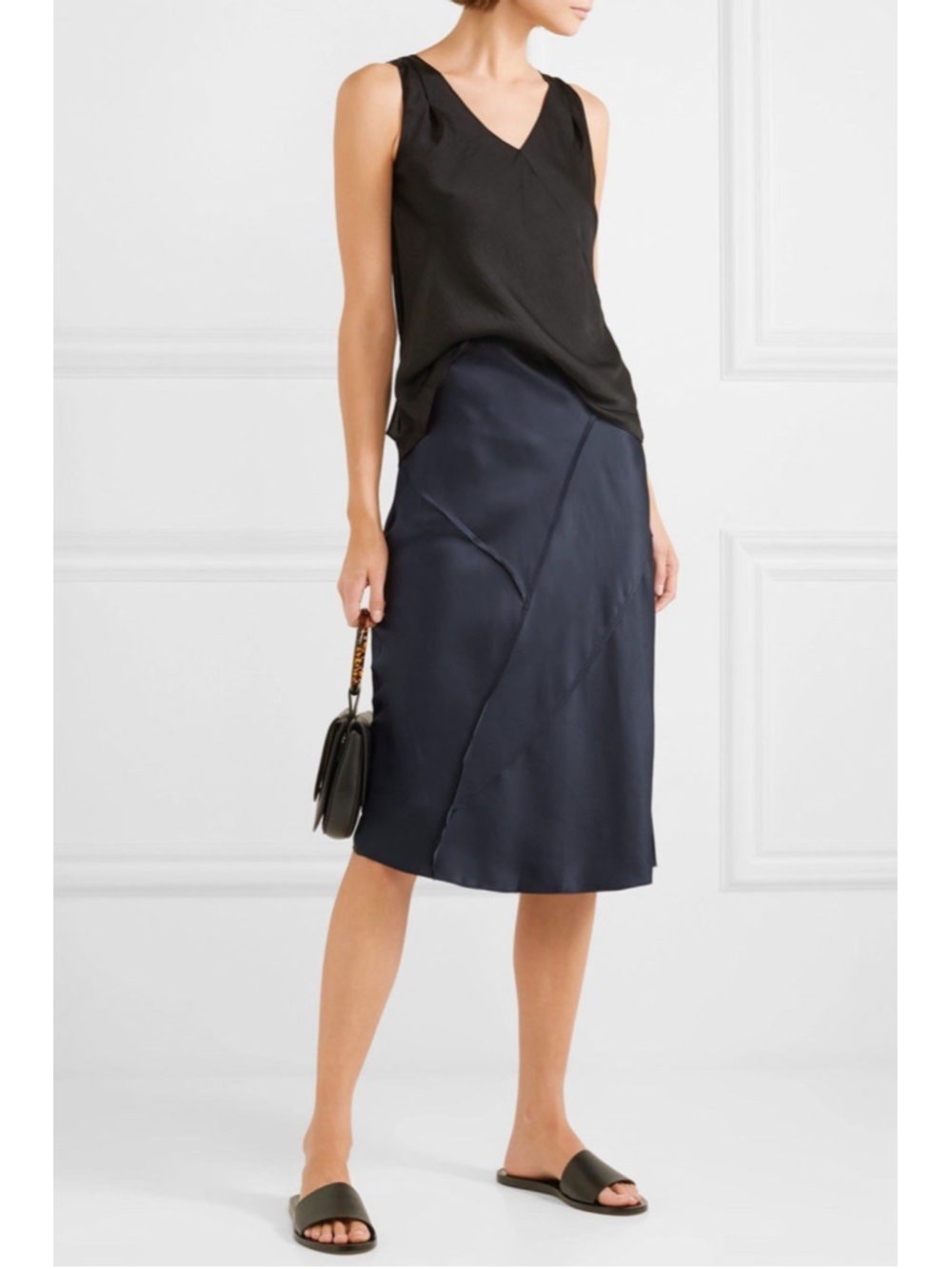 Vince NWT $285 Navy Raw Edge Bias Midi Skirt 100% Silk Small Black High Rise